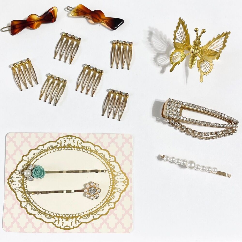 Vtg Retro Gold Tone Hair Barrettes Pins Combs Clip Rhinestone Butterfly Flower